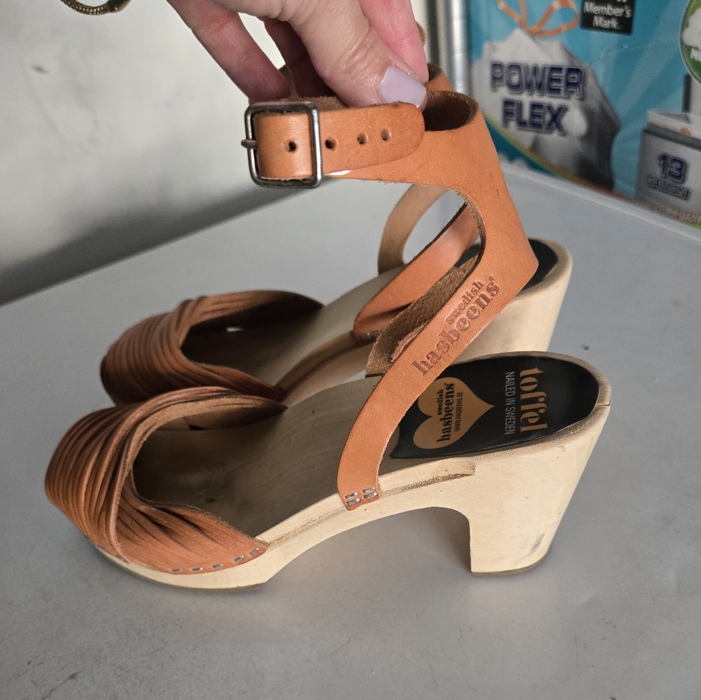 Swedish Hasbeens Ankle strap wooden clog sandals size 7 or 37